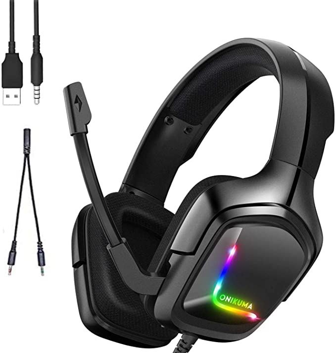 Onikuma K20 Stereo RGB Gaming Headset with LED Light and Noise-Cancelling Microphone for Mobile, PC, PS4, Xbox One, and Mac in Black