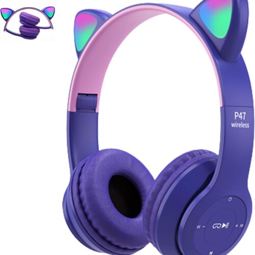 headphones with LED glowing cat ears with microphone-blue