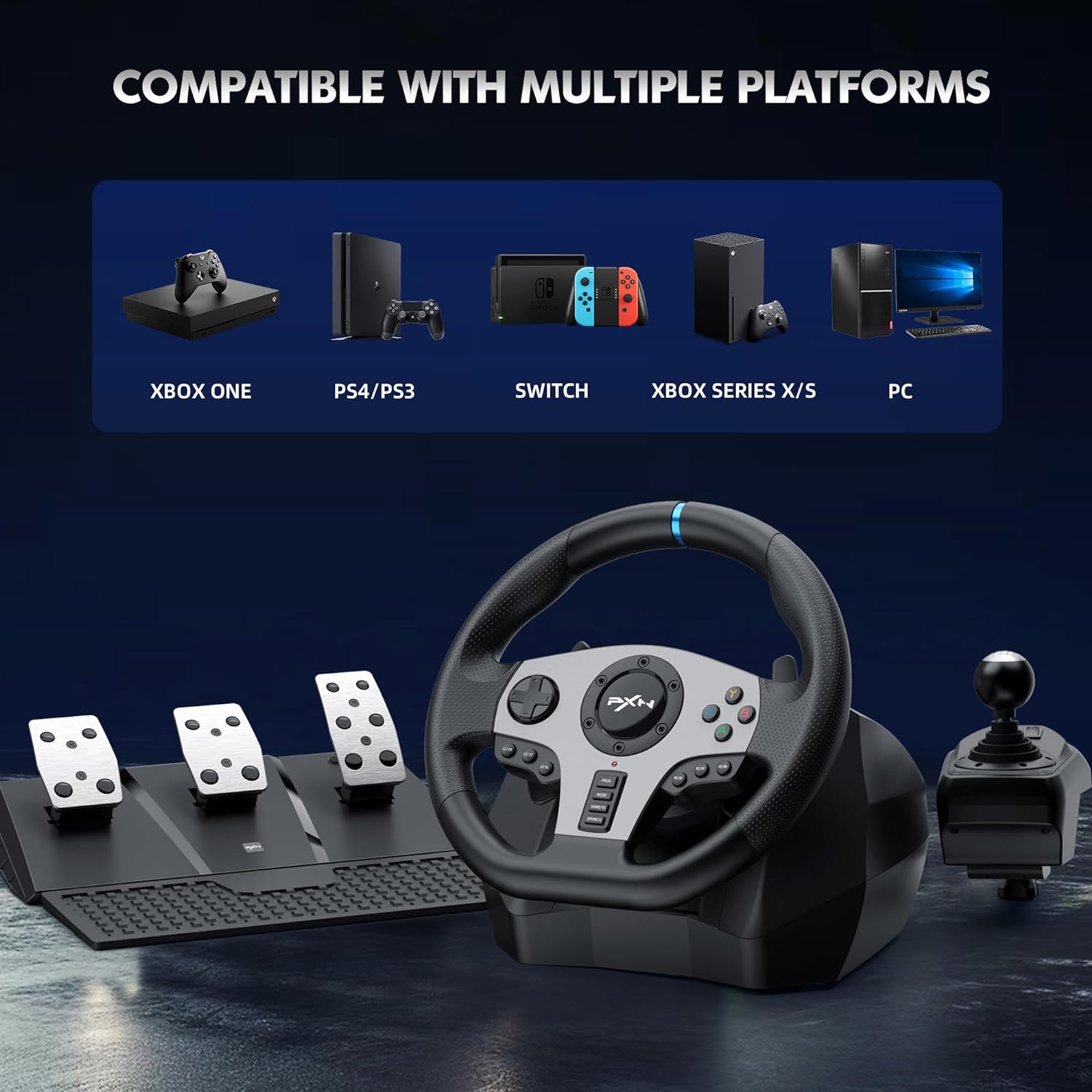 PXN V9 Gaming Racing Wheel with Pedals and Shifter, Steering Wheel for PC, X-box One, X-box Series X/S, PS-4, PS-3 and Swi-tch