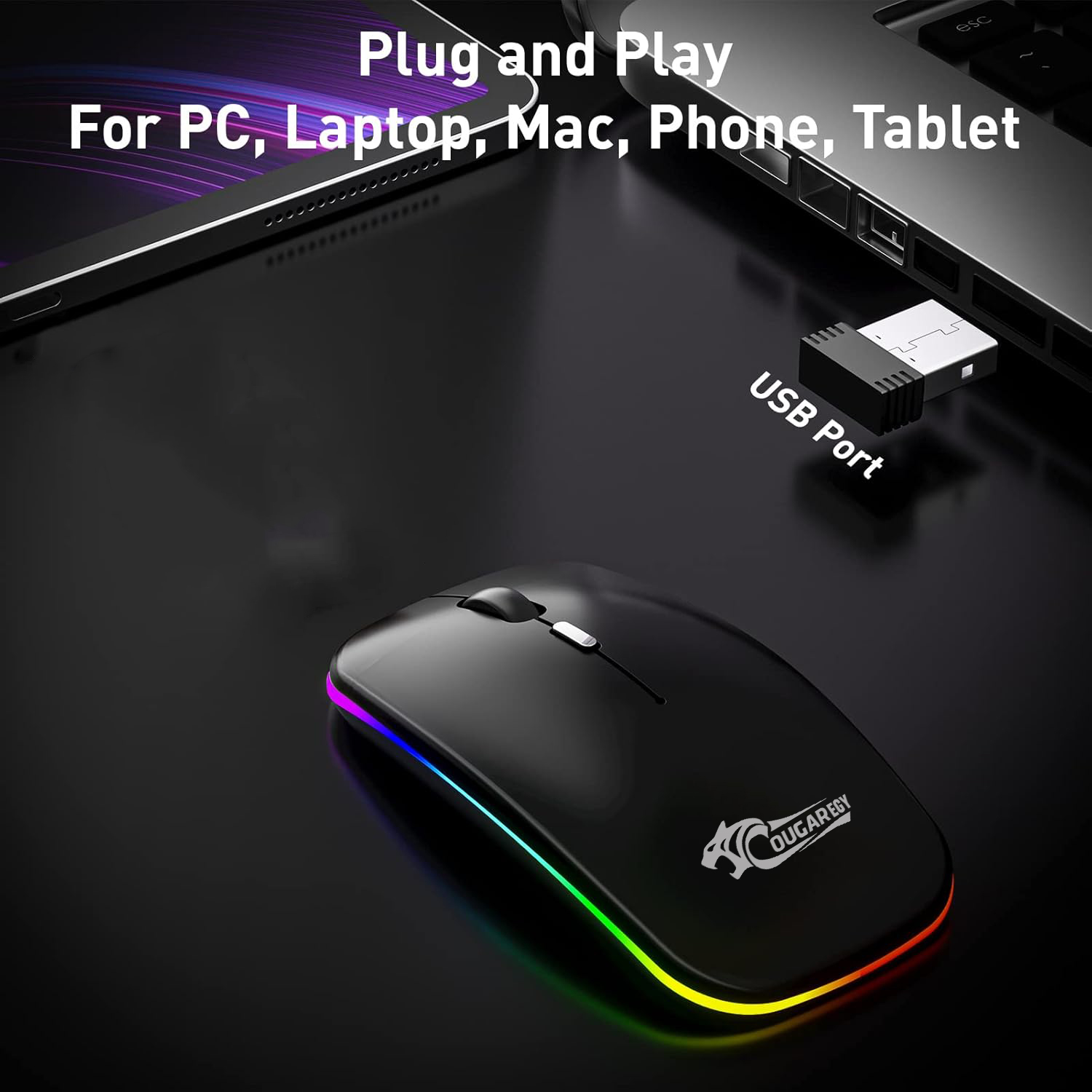 GOUGAR-EGY dual mode Wireless Mouse with USB C Adapter, 3 in 1 (Bluetooth+2.4G+Type C) LED Wireless Mouse Rechargeable, Slim Mouse with 3200 DPI, RGB, Silent Click, Mouse for PC, laptop E1400