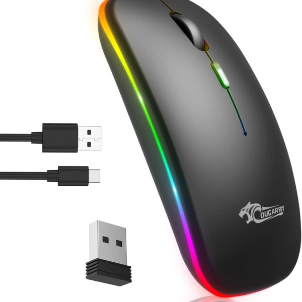 GOUGAR-EGY dual mode Wireless Mouse with USB C Adapter, 3 in 1 (Bluetooth+2.4G+Type C) LED Wireless Mouse Rechargeable, Slim Mouse with 3200 DPI, RGB, Silent Click, Mouse for PC, laptop E1400
