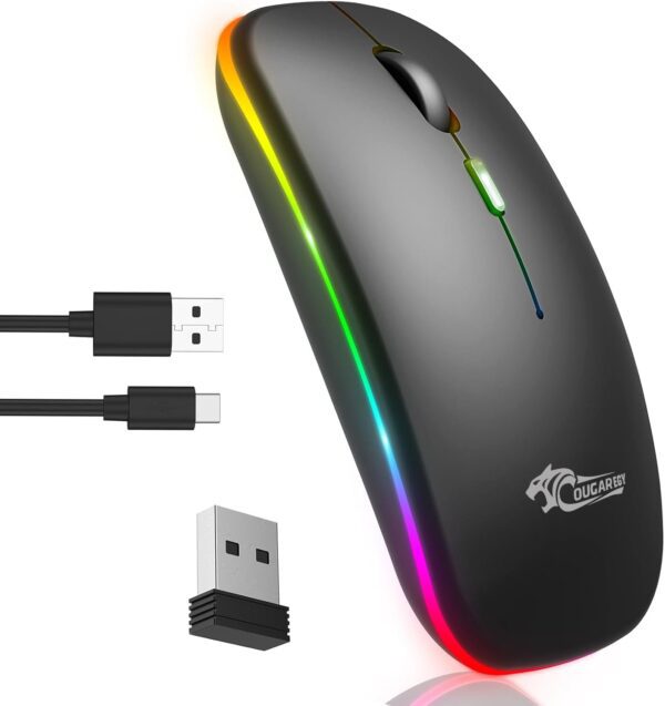 GOUGAR-EGY dual mode Wireless Mouse with USB C Adapter, 3 in 1 (Bluetooth+2.4G+Type C) LED Wireless Mouse Rechargeable, Slim Mouse with 3200 DPI, RGB, Silent Click, Mouse for PC, laptop E1400