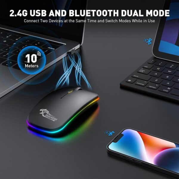 GOUGAR-EGY dual mode Wireless Mouse with USB C Adapter, 3 in 1 (Bluetooth+2.4G+Type C) LED Wireless Mouse Rechargeable, Slim Mouse with 3200 DPI, RGB, Silent Click, Mouse for PC, laptop E1400 - Image 3