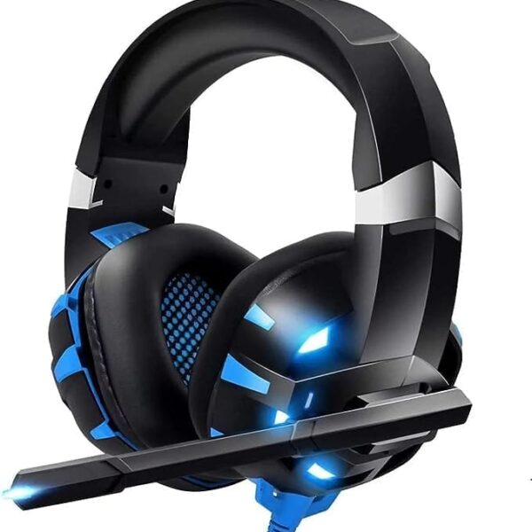Gaming Headset K2PRO with Microphone Noise Canceling, Surround Sound Stereo Bass LED Lights Over-Ear 3.5mm (Adapter Needed) (Black-Blue)