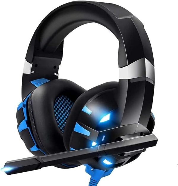 Gaming Headset K2PRO with Microphone Noise Canceling, Surround Sound Stereo Bass LED Lights Over-Ear 3.5mm (Adapter Needed) (Black-Blue)
