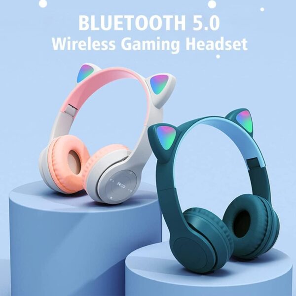 headphones with led glowing cat ears with microphone, pluggable, tf card, foldable bluetooth stereo over-ear kids headsets-black, Wireless - Image 3