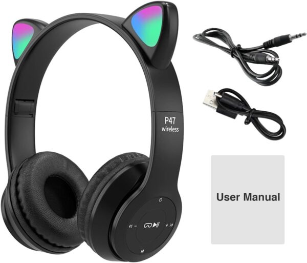 headphones with led glowing cat ears with microphone, pluggable, tf card, foldable bluetooth stereo over-ear kids headsets-black, Wireless - Image 2