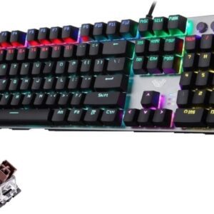 Aula F2088 WIND Full Gaming Mechanical Keyboard – Brown Switches - Rainbow LED Backlit - EN 104 PBT Keycaps and Metal Panel - Multimedia Control Knob & Wrist Rest - Software | Silver/Black