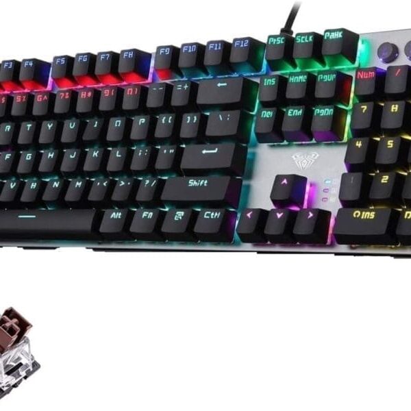 Aula F2088 WIND Full Gaming Mechanical Keyboard – Brown Switches - Rainbow LED Backlit - EN 104 PBT Keycaps and Metal Panel - Multimedia Control Knob & Wrist Rest - Software | Silver/Black