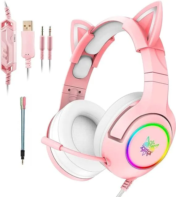 Onikoma Girls Headphone Gaming Headphone Surround Sound with Removable Cat Ear and Clear Microphone for PC, Mobile and PS3 K9