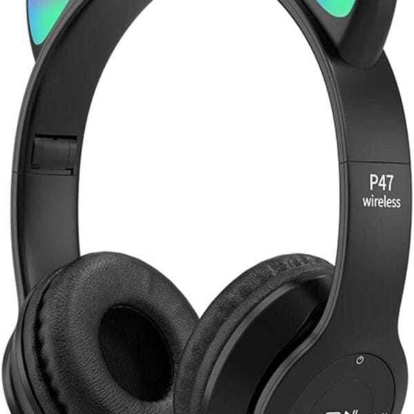 headphones with led glowing cat ears with microphone, pluggable, tf card, foldable bluetooth stereo over-ear kids headsets-black, Wireless