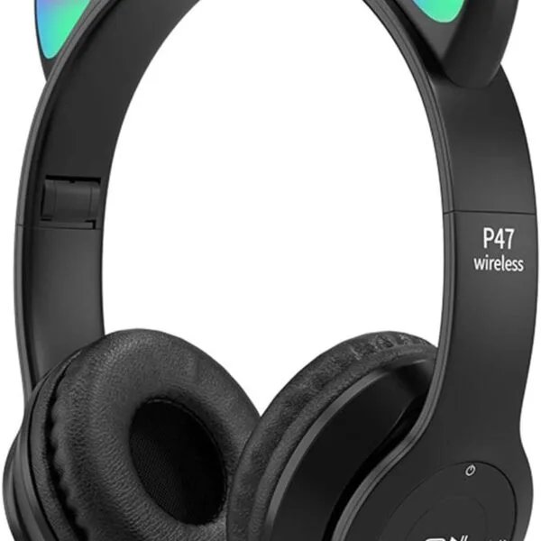 headphones with led glowing cat ears with microphone, pluggable, tf card, foldable bluetooth stereo over-ear kids headsets-black, Wireless
