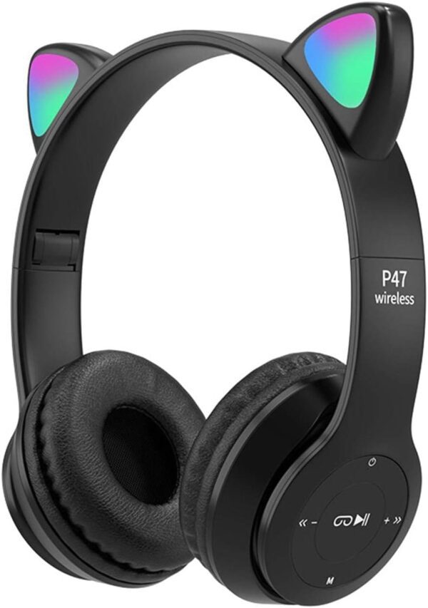 headphones with led glowing cat ears with microphone, pluggable, tf card, foldable bluetooth stereo over-ear kids headsets-black, Wireless