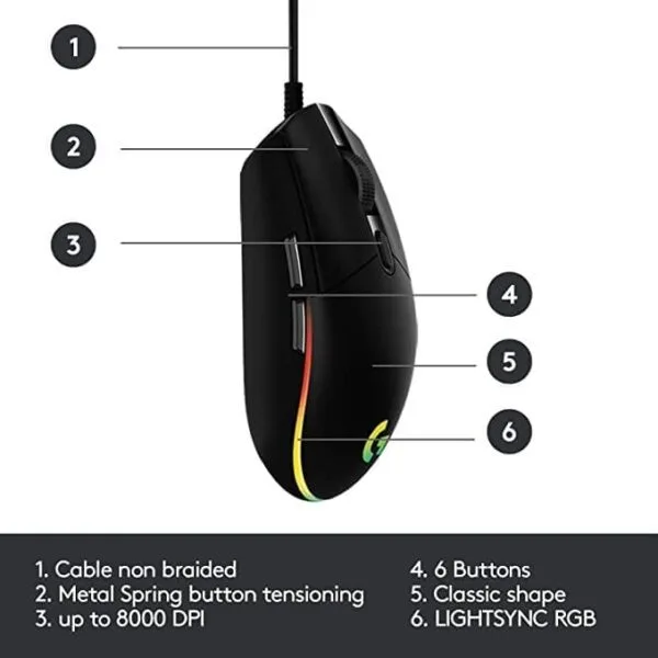 Logitech G102 Light Sync Gaming Mouse with Customizable RGB Lighting (Black) - Image 2