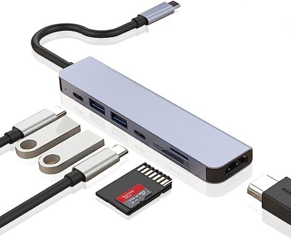 USB C Type HUB 7 in 1 Adapter, Aluminium Multi Port Dongle Compatible for MacBook Air, Dell Laptop Computer XPS More Type C Devices- USB Hub (7 in 1)