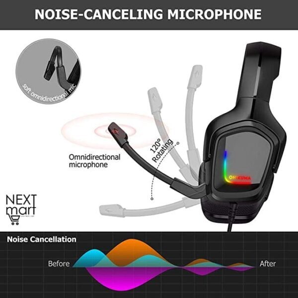 Onikuma K20 Gaming Headset Stereo RGB With LED Light Noise-Cancelling Mic For Mobile/PC/PS4/XBOX One/Mac, Black - Image 2