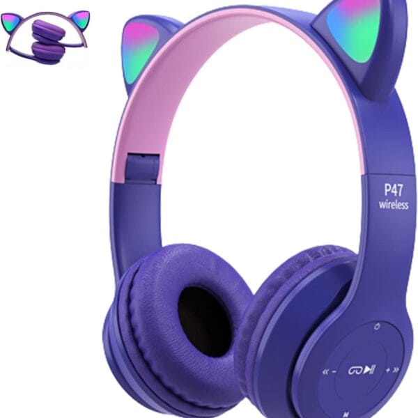 headphones with led glowing cat ears with microphone, pluggable, tf card, foldable bluetooth stereo over-ear kids headsets-blue, Wireless