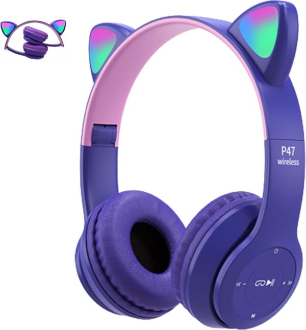 headphones with led glowing cat ears with microphone, pluggable, tf card, foldable bluetooth stereo over-ear kids headsets-blue, Wireless