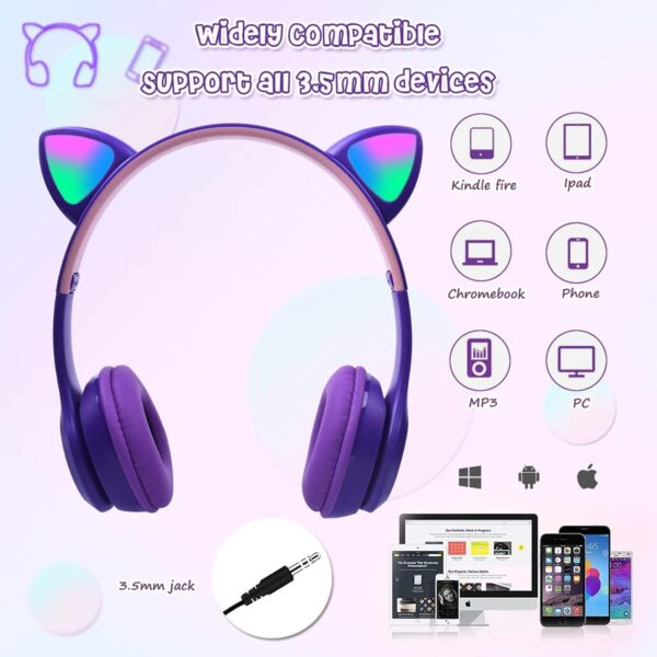 headphones with led glowing cat ears with microphone, pluggable, tf card, foldable bluetooth stereo over-ear kids headsets-blue, Wireless - Image 2