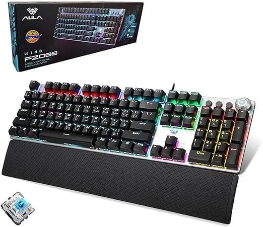 Aula F2088 Full Mechanical Gaming Keyboard with Rainbow Backlit LED - Blue Switches, Arabic/English