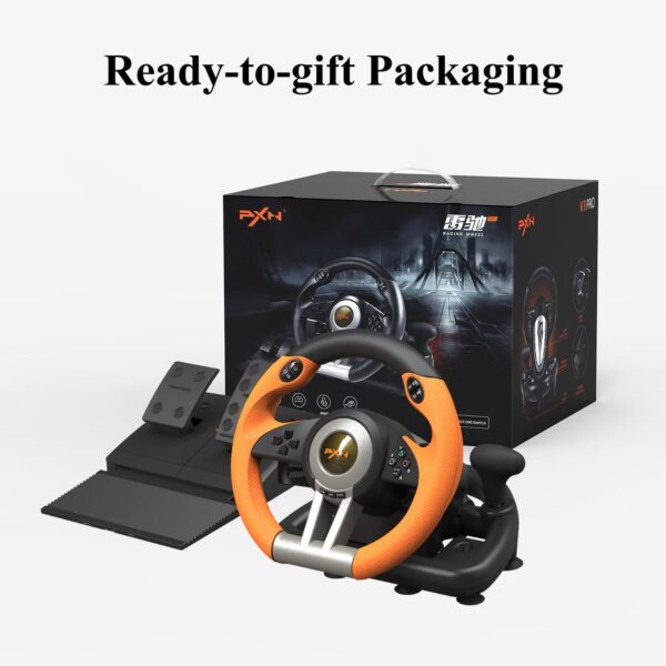 PXN V3 Gaming Wheel & Pedals: 180° racing wheel, vibration feedback, paddle shifters. For PC, compatible with PS3/4, Nintendo Switch, Xbox One/Series X/S. Orange design - Image 4