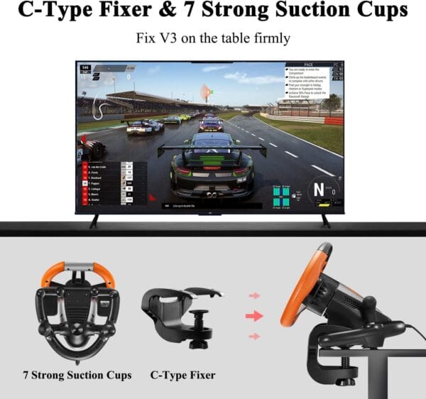 PXN V3 Gaming Wheel & Pedals: 180° racing wheel, vibration feedback, paddle shifters. For PC, compatible with PS3/4, Nintendo Switch, Xbox One/Series X/S. Orange design - Image 2