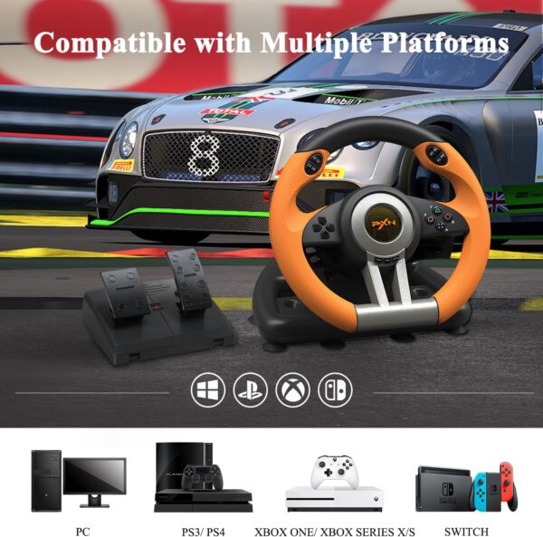 PXN V3 Gaming Wheel & Pedals: 180° racing wheel, vibration feedback, paddle shifters. For PC, compatible with PS3/4, Nintendo Switch, Xbox One/Series X/S. Orange design - Image 3