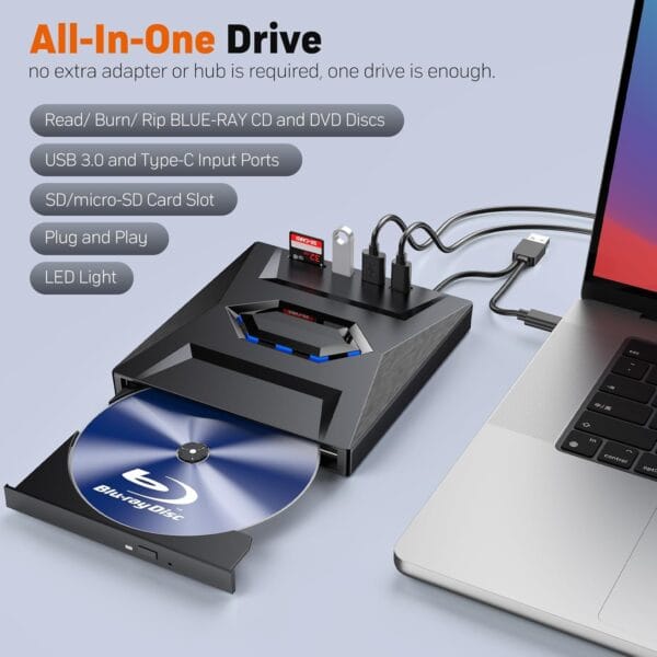 External Blu Ray Drive,Portable Bluray Player Writer Reader,CD Burner with USB 3.0 typc C Port& SD Card,DVD & CD-ROM +/-RW,External Blu-Ray Drives for PC Laptop Desktop Windows Mac Linux Computer - Image 5
