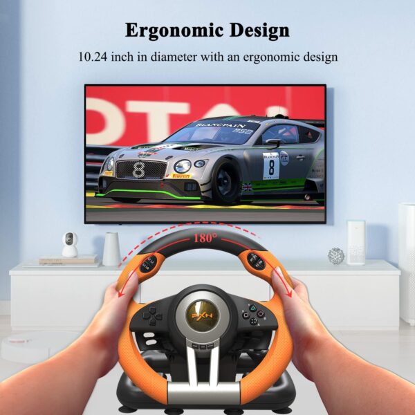 PXN V3 Gaming Wheel & Pedals: 180° racing wheel, vibration feedback, paddle shifters. For PC, compatible with PS3/4, Nintendo Switch, Xbox One/Series X/S. Orange design - Image 6