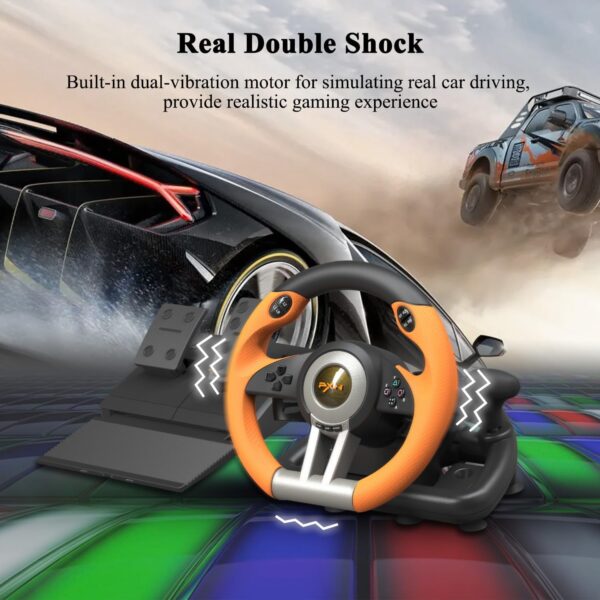 PXN V3 Gaming Wheel & Pedals: 180° racing wheel, vibration feedback, paddle shifters. For PC, compatible with PS3/4, Nintendo Switch, Xbox One/Series X/S. Orange design - Image 5