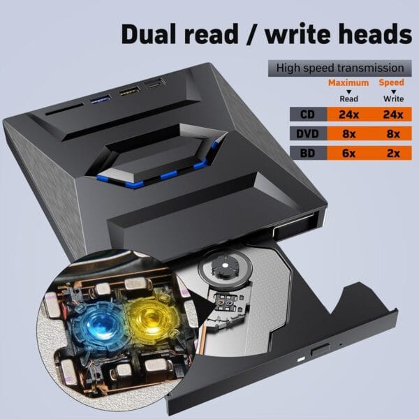 External Blu Ray Drive,Portable Bluray Player Writer Reader,CD Burner with USB 3.0 typc C Port& SD Card,DVD & CD-ROM +/-RW,External Blu-Ray Drives for PC Laptop Desktop Windows Mac Linux Computer - Image 3