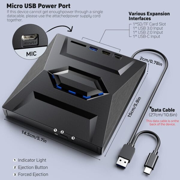 External Blu Ray Drive,Portable Bluray Player Writer Reader,CD Burner with USB 3.0 typc C Port& SD Card,DVD & CD-ROM +/-RW,External Blu-Ray Drives for PC Laptop Desktop Windows Mac Linux Computer - Image 4