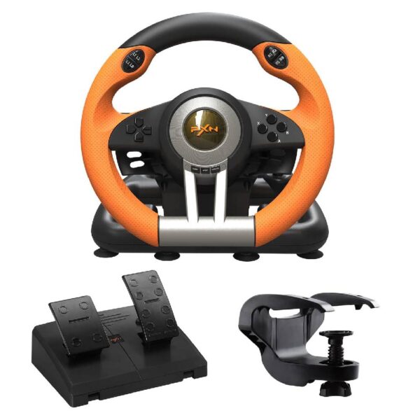 PXN V3 Gaming Wheel & Pedals: 180° racing wheel, vibration feedback, paddle shifters. For PC, compatible with PS3/4, Nintendo Switch, Xbox One/Series X/S. Orange design