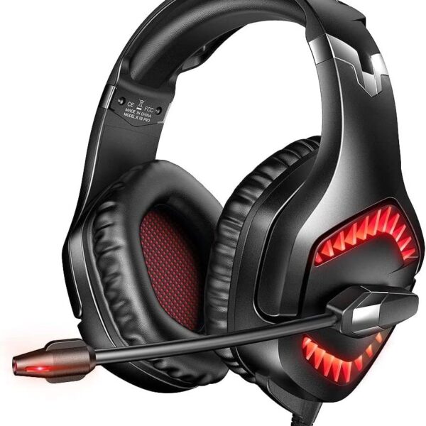 RUNMUS GAMING K1B Professional Wired Headsets Red LED Light with Mic, Over-Ear, 7.1 Surround Sound and Noise Cancellation, 3.5mm Audio Plug, Padded Ear Cushions, for PC/PS4/Xbox/Tablet/Mobile/Laptops