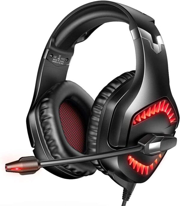 RUNMUS GAMING K1B Professional Wired Headsets Red LED Light with Mic, Over-Ear, 7.1 Surround Sound and Noise Cancellation, 3.5mm Audio Plug, Padded Ear Cushions, for PC/PS4/Xbox/Tablet/Mobile/Laptops